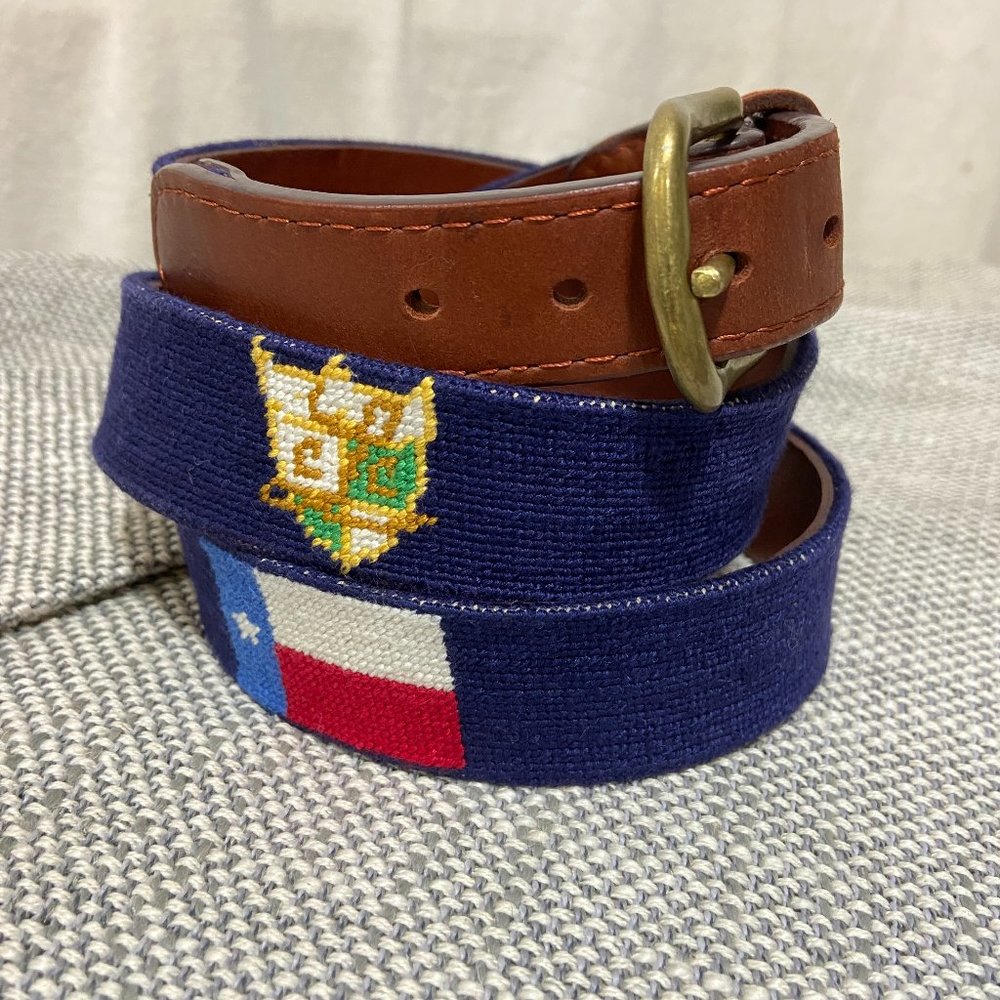 SMATHERS & BRANSON  Navy Blue Needlepoint Texas Flag Lakeside CC Houston Belt 42